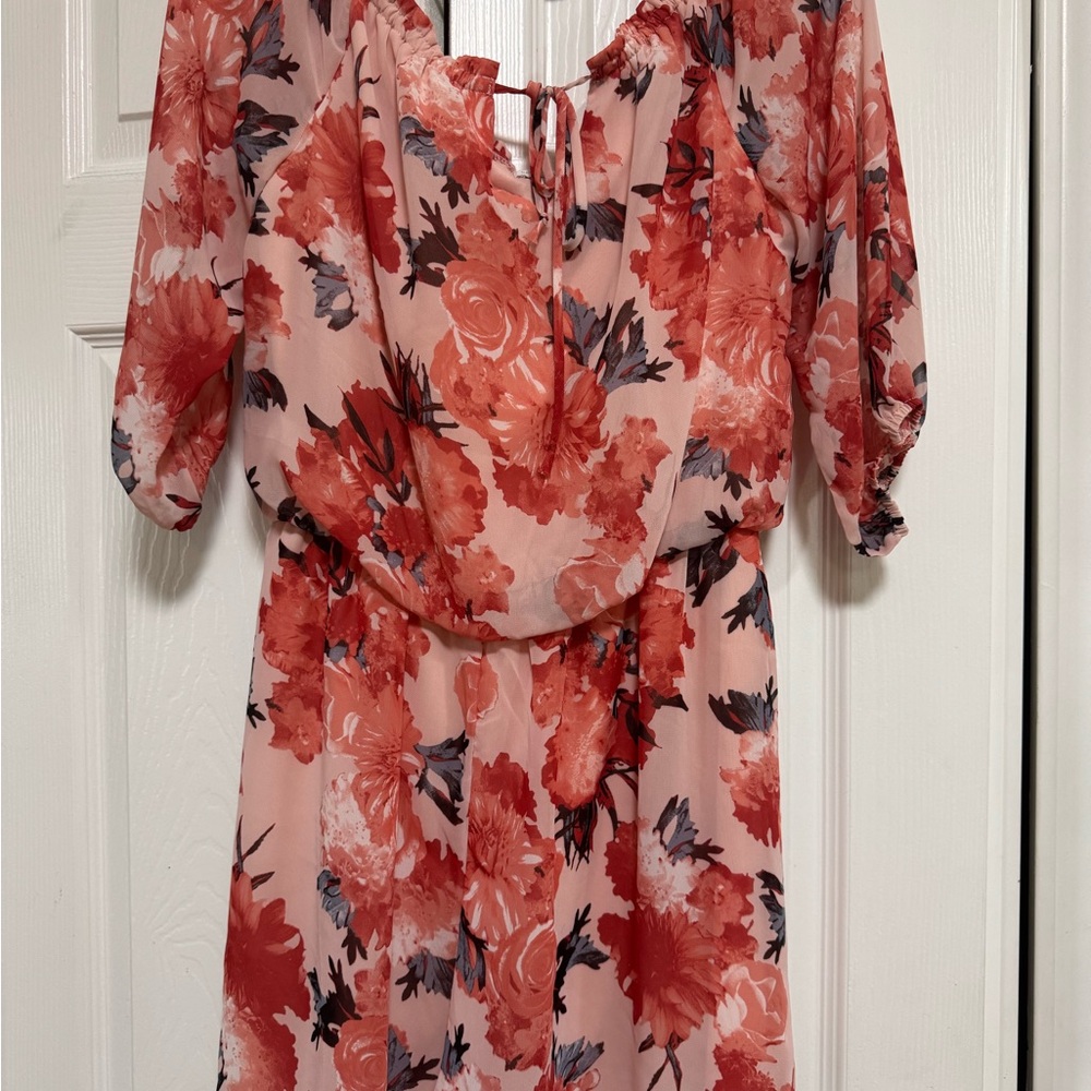 New York & Company Red Pink Midi Sundress for Wedding Guest